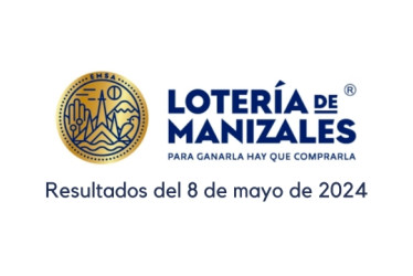 Logo de la Lotería de Manizales. Debajo dice "resultados del 8 de mayo de 2024"